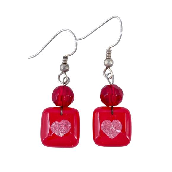 Estate Sterling Silver 925 Heart Red Beaded Dangle Earrings - Picture 3 of 6